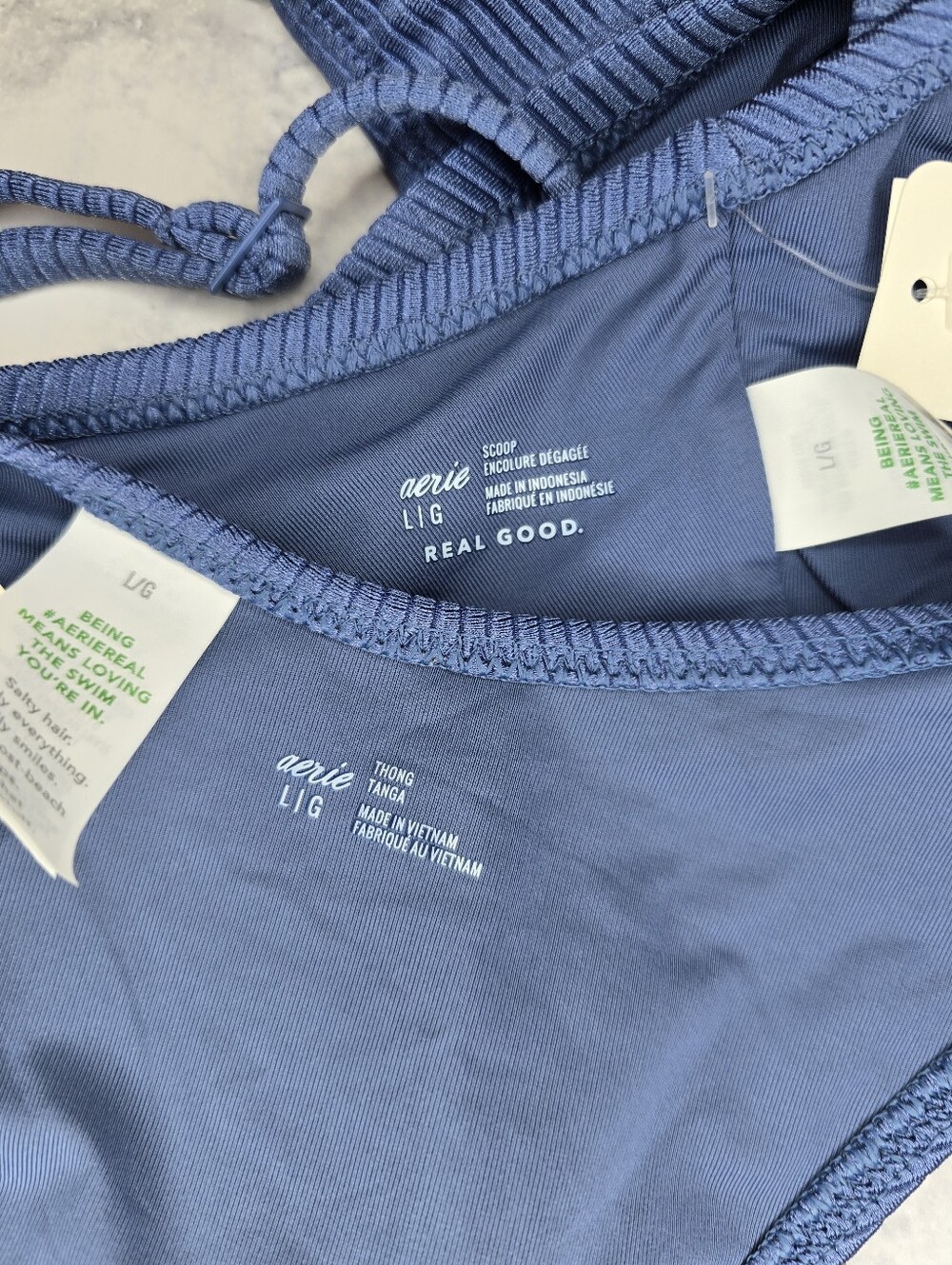 Aerie Shine Rib Thong Bikini Set Large Blue Two Piece Swimsuit - Picture 10 of 11